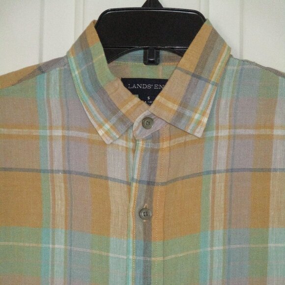 Lands' End Mens S/S Linen Plaid Resort Casual Shirt -Size Small - Picture 1 of 2